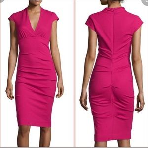 Nicole Miller cap sleeve, empire waist ruched Fuchsia sheath. NWT, size M